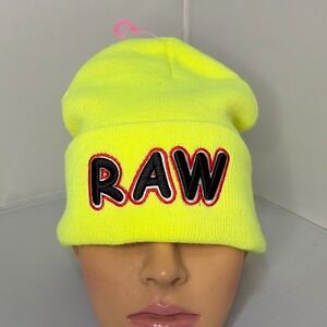 Neon Yellow RAW Embroidered Cuffed Beanie Hat Fluorescent Streetwear Knit Cap